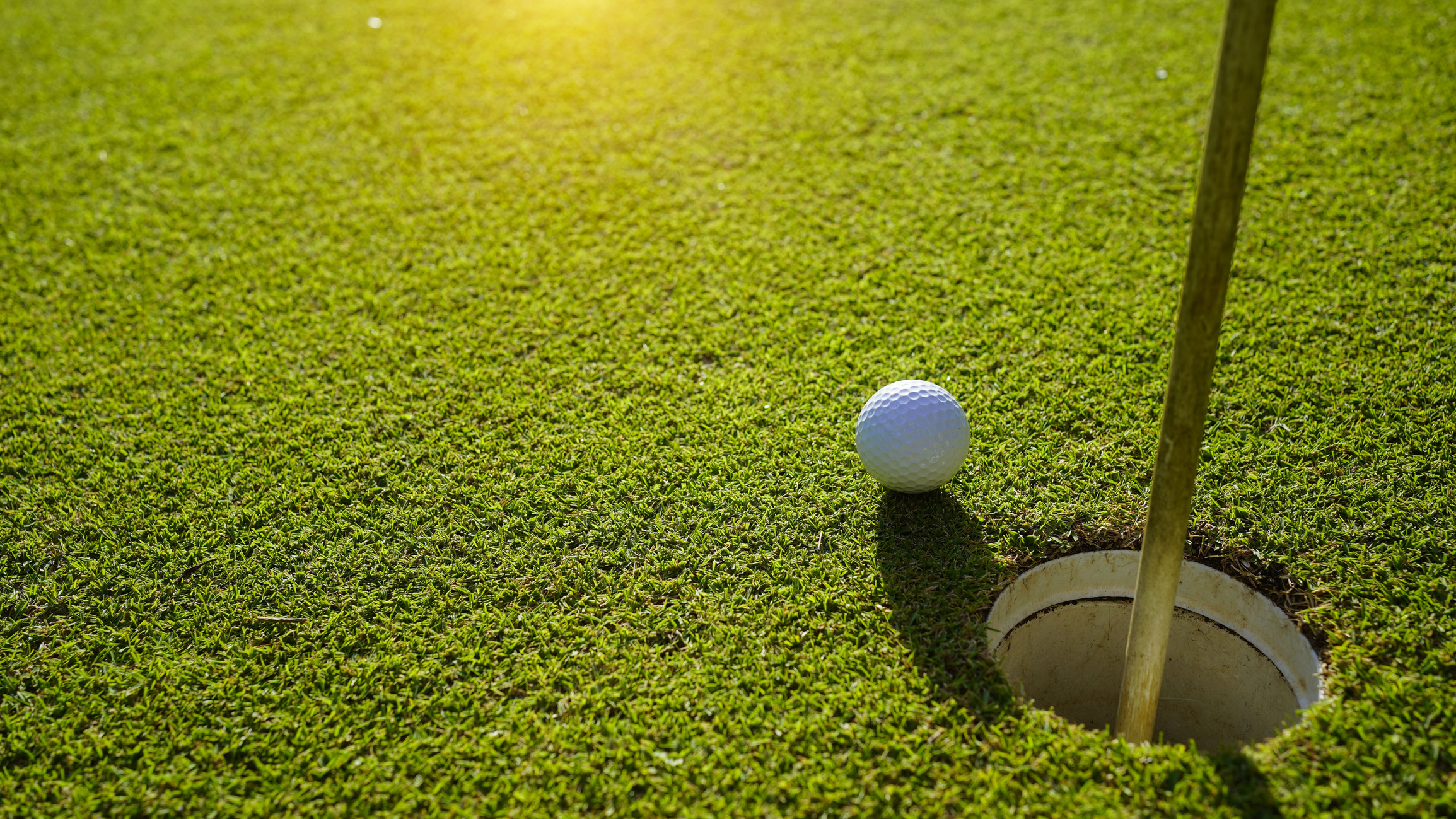 Top view of a golf ball on green course at hole. For-Families